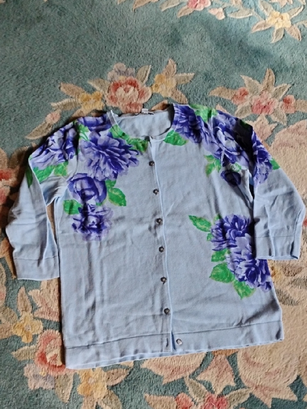 Isaac Mizrahi Light Blue Floral Button-Up Cardigan with Purple Roses, 3/4 Sleeve